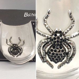 x2 Halloween Graphite Black Rhinestone Spider Stemless Wine Glass Set Gothic NEW